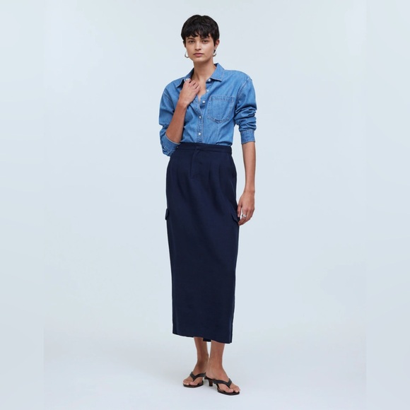 NWT Madewell Pleated High-Waist Cargo Midi Skirt - 0 - Navy